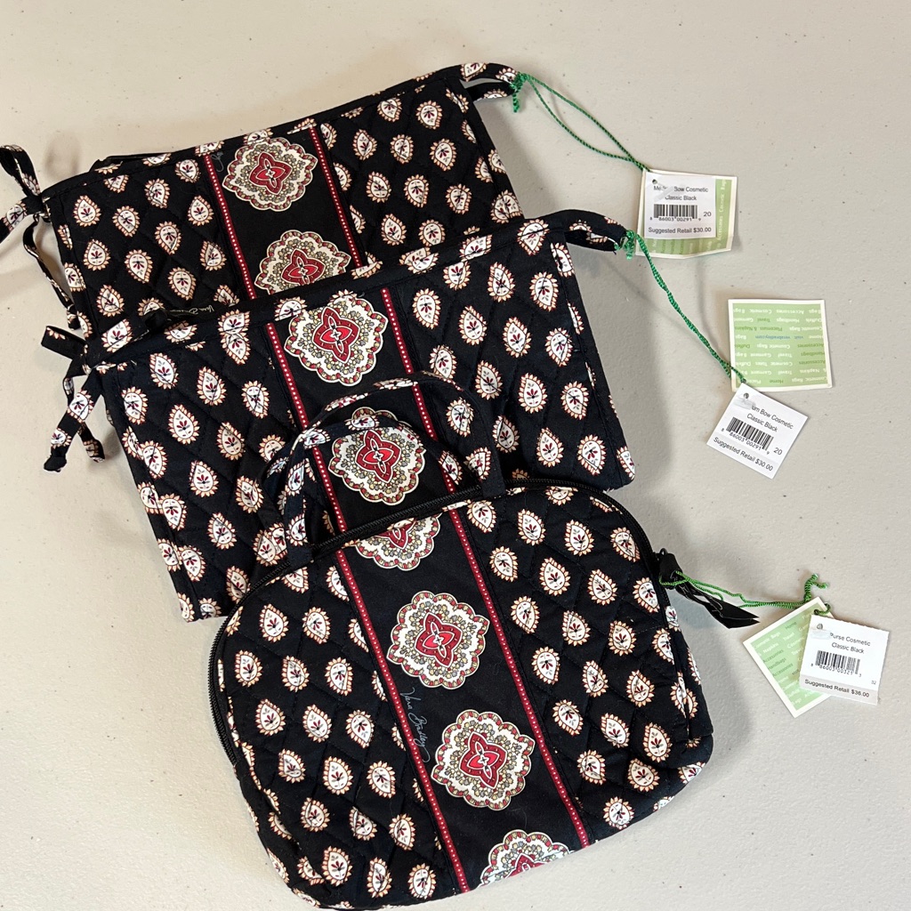 Vera Bradley Classic Black 2 Medium & Purse Cosmetic Bag Set Of 3 New